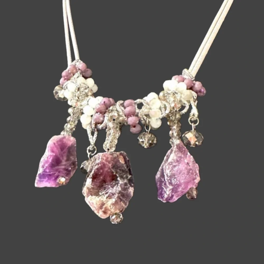 Chunky Raw Amethyst Necklace Three Large Pendants & Crystal Glass Round Beads